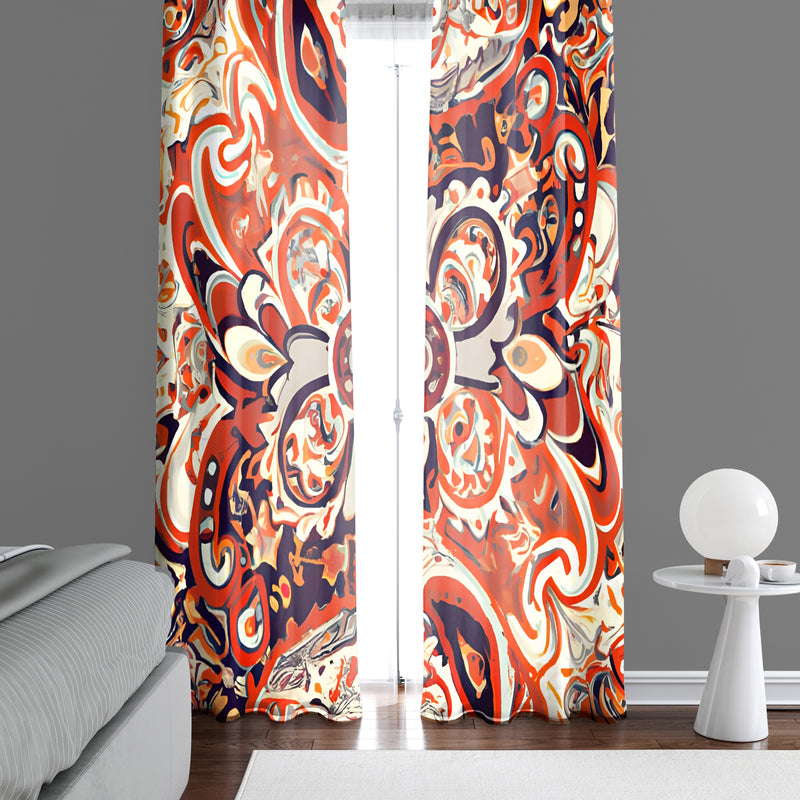 Abstract Window Curtain - Orange and Cream Watercolor Mandala - Deja Blue Studios