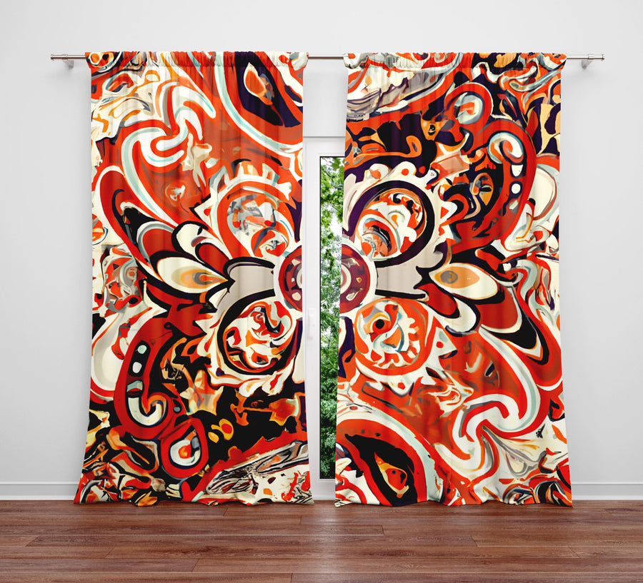 Abstract Window Curtain - Orange and Cream Watercolor Mandala - Deja Blue Studios