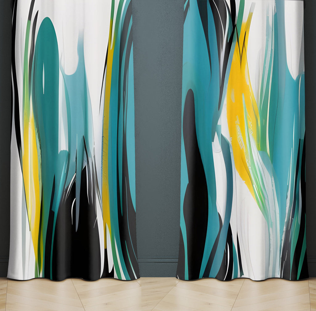 Abstract Window Curtain - Blue and Yellow Paint Swirls - Deja Blue Studios