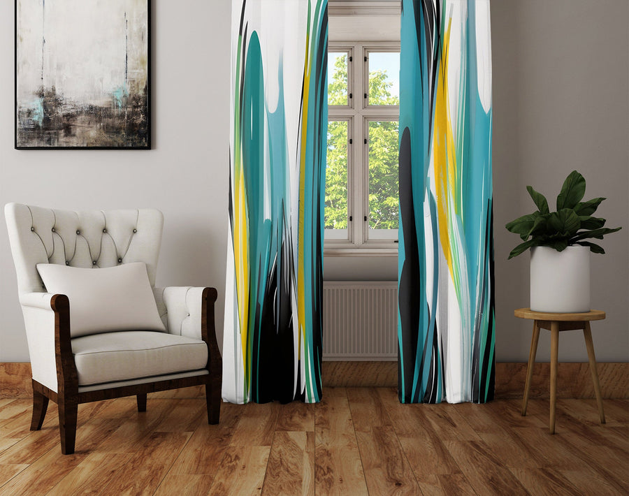 Abstract Window Curtain - Blue and Yellow Paint Swirls - Deja Blue Studios