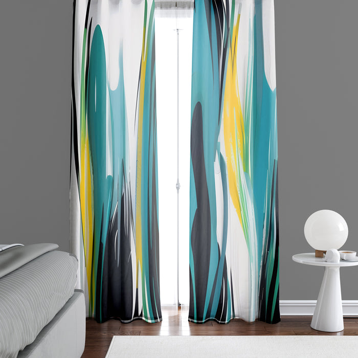 Abstract Window Curtain - Blue and Yellow Paint Swirls - Deja Blue Studios