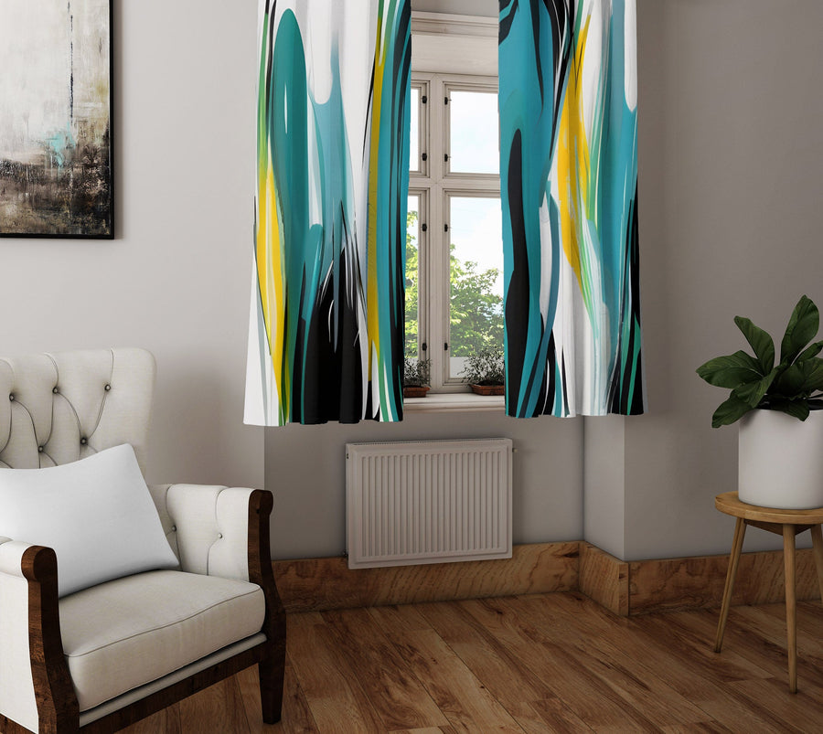 Abstract Window Curtain - Blue and Yellow Paint Swirls - Deja Blue Studios
