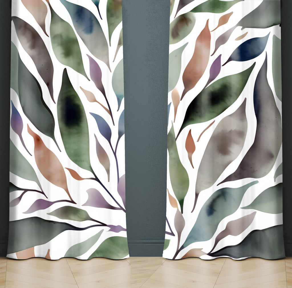 Floral Window Curtain - Watercolor Abstract Leaves - Deja Blue Studios