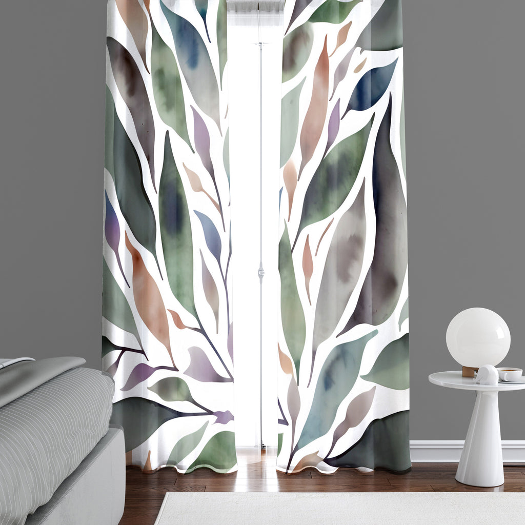 Floral Window Curtain - Watercolor Abstract Leaves - Deja Blue Studios