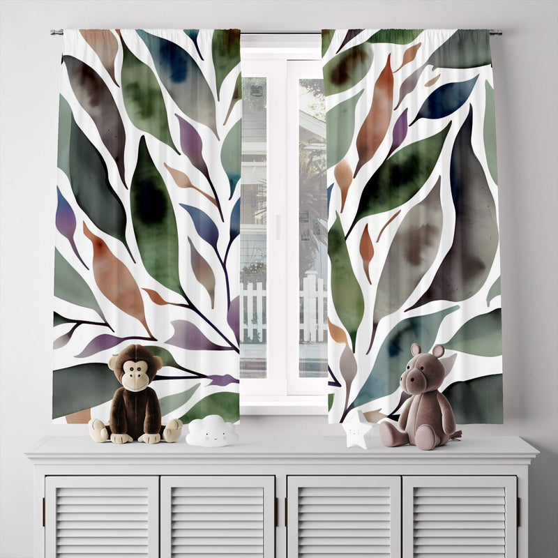 Floral Window Curtain - Watercolor Abstract Leaves - Deja Blue Studios