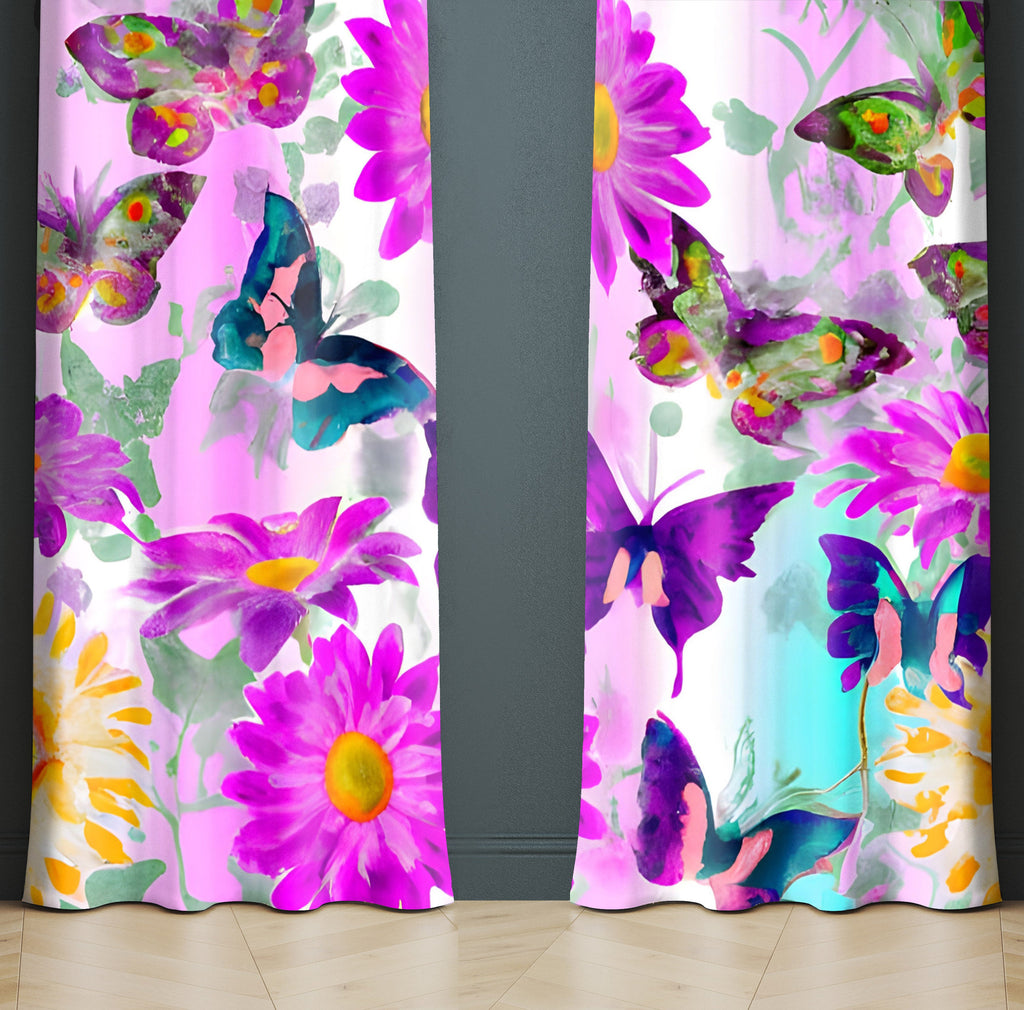Floral Window Curtain - Purple and Green Daisies and Butterflies - Deja Blue Studios