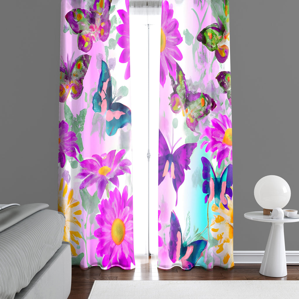 Floral Window Curtain - Purple and Green Daisies and Butterflies - Deja Blue Studios