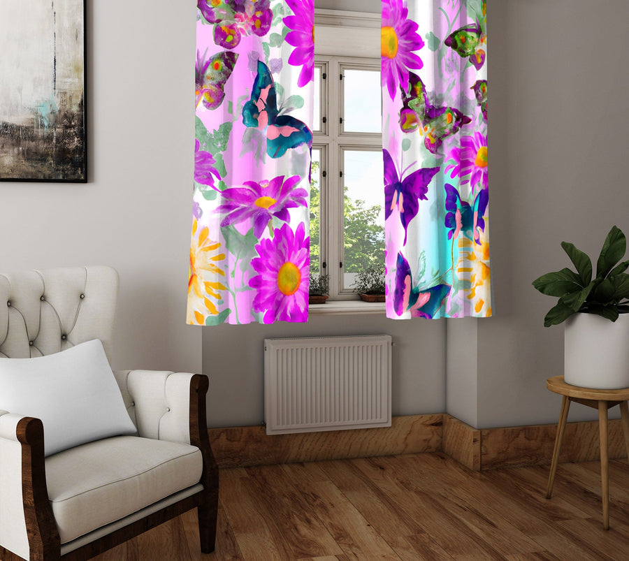 Floral Window Curtain - Purple and Green Daisies and Butterflies - Deja Blue Studios