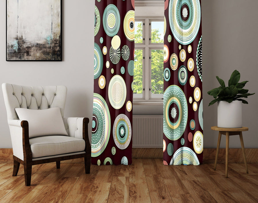 Polka Dot Window Curtain - Brown and Green Abstract Polka Dots - Deja Blue Studios