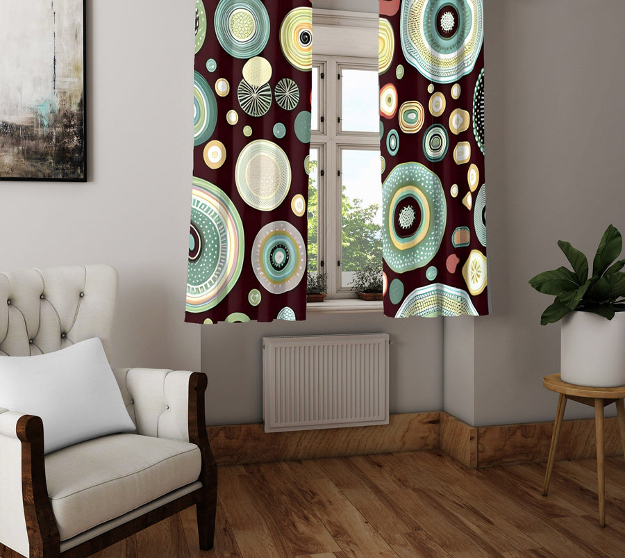Polka Dot Window Curtain - Brown and Green Abstract Polka Dots - Deja Blue Studios