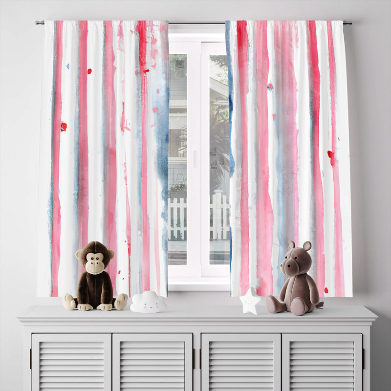 Striped Window Curtain - Pink and Blue Watercolor Stripe Pattern - Deja Blue Studios