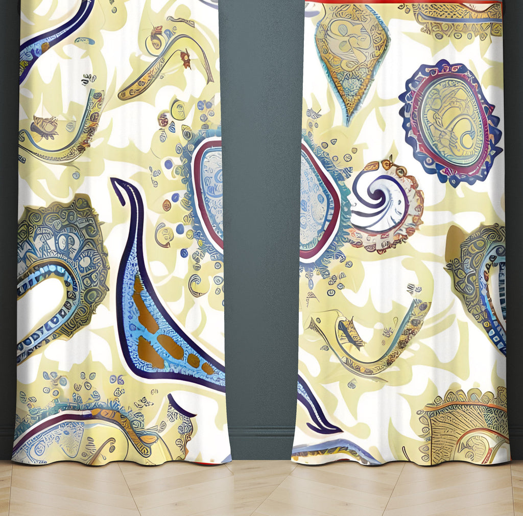 Paisley Window Curtain - Abstract Yellow and Blue Swirly Paisley - Deja Blue Studios