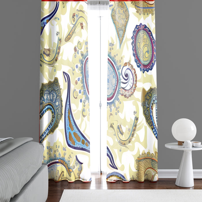 Paisley Window Curtain - Abstract Yellow and Blue Swirly Paisley - Deja Blue Studios