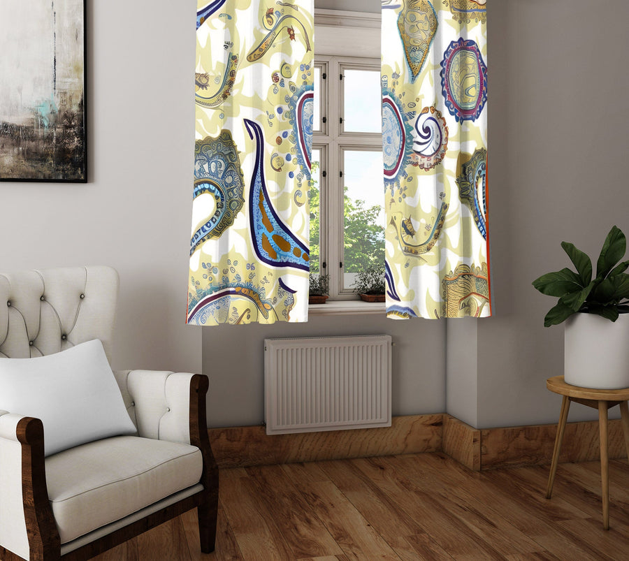 Paisley Window Curtain - Abstract Yellow and Blue Swirly Paisley - Deja Blue Studios