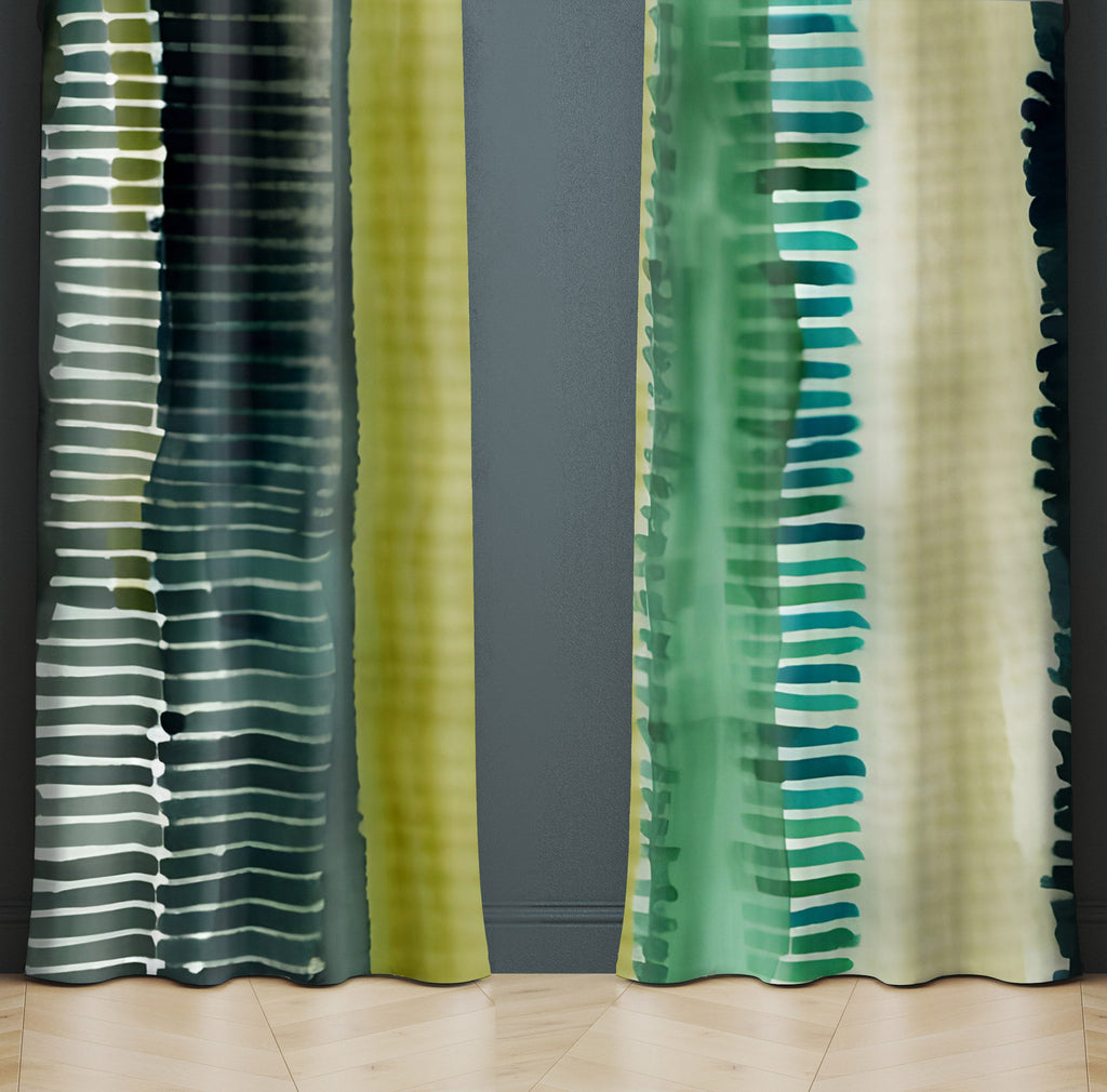 Striped Window Curtain - Blue and Green Abstract Hatched Pattern - Deja Blue Studios