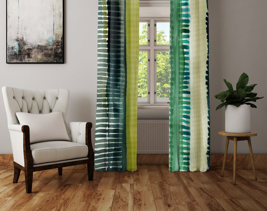 Striped Window Curtain - Blue and Green Abstract Hatched Pattern - Deja Blue Studios