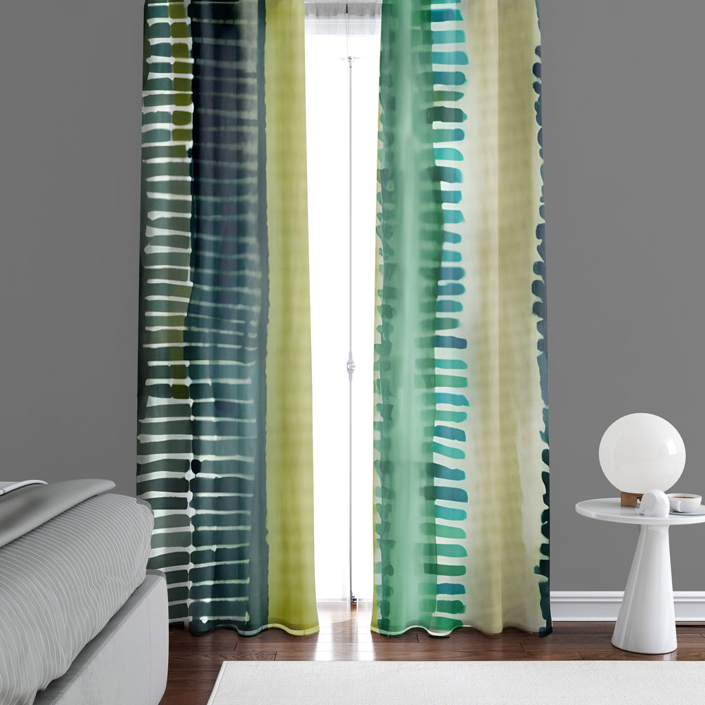 Striped Window Curtain - Blue and Green Abstract Hatched Pattern - Deja Blue Studios