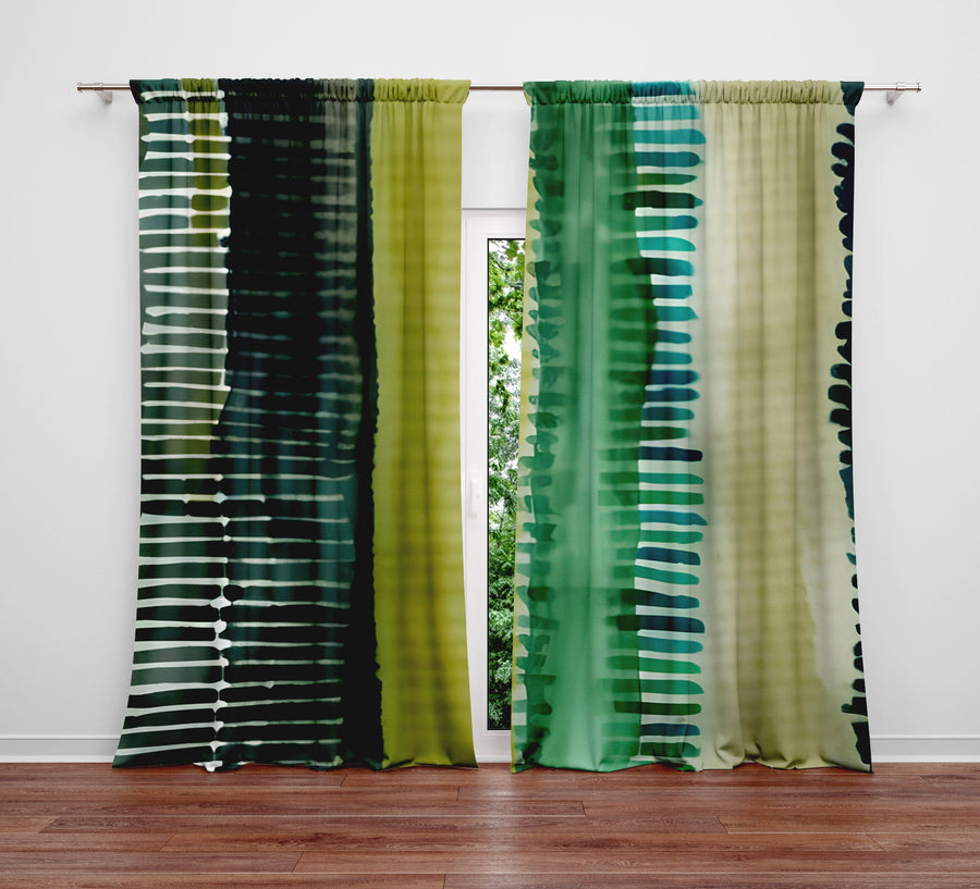 Striped Window Curtain - Blue and Green Abstract Hatched Pattern - Deja Blue Studios