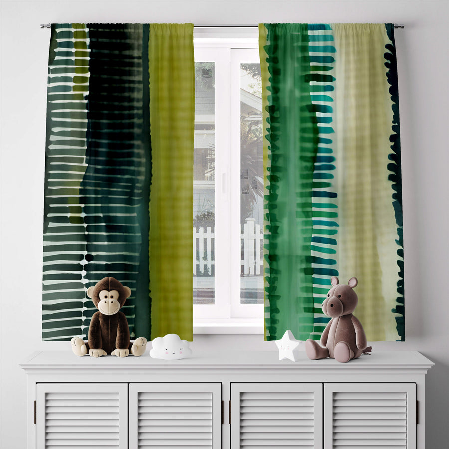 Striped Window Curtain - Blue and Green Abstract Hatched Pattern - Deja Blue Studios