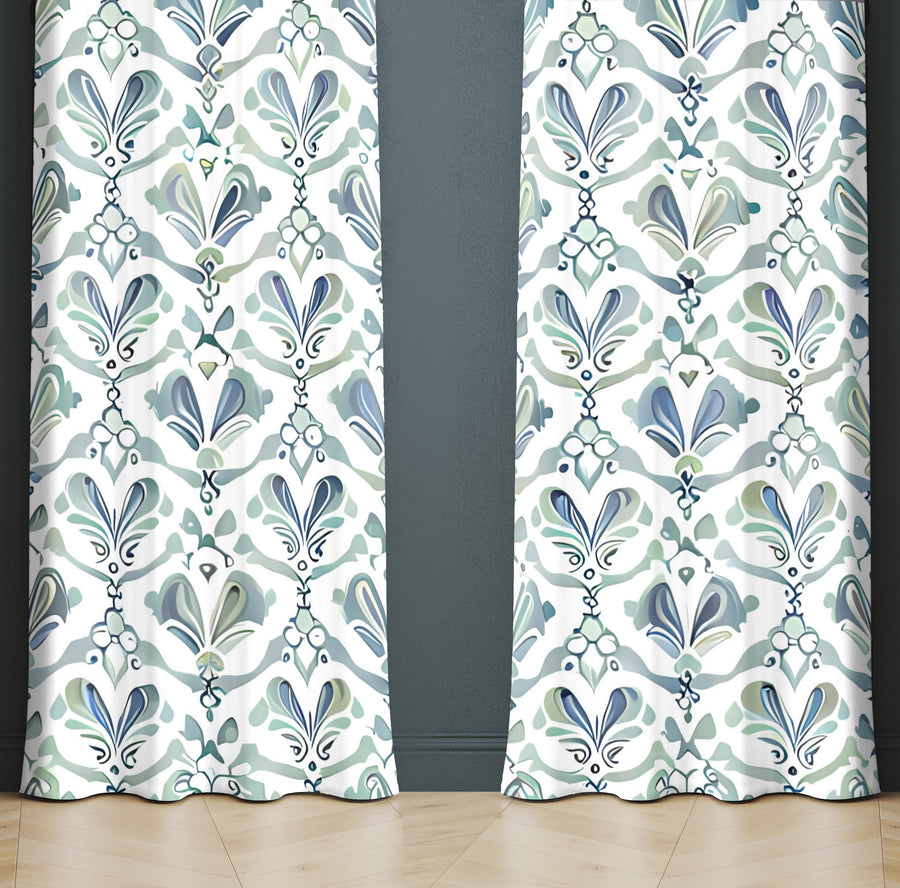 Abstract Window Curtain - Blue and Green Demask Pattern - Deja Blue Studios