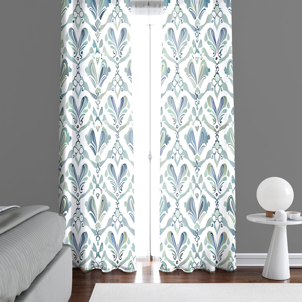 Abstract Window Curtain - Blue and Green Demask Pattern - Deja Blue Studios