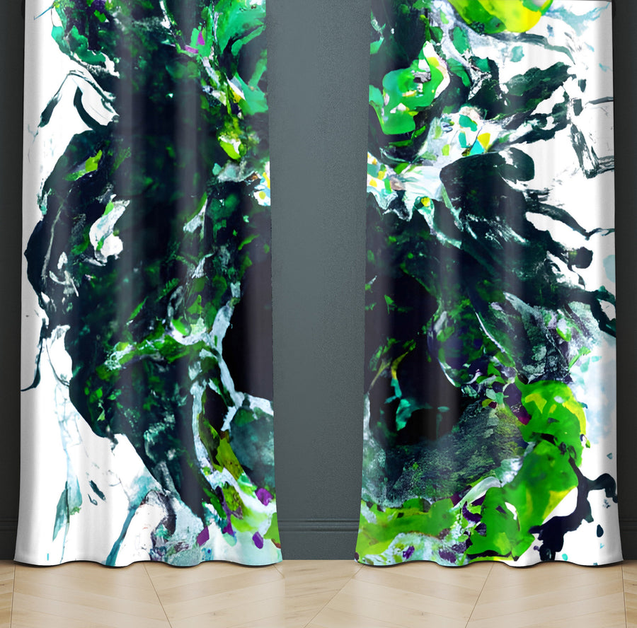 Abstract Window Curtain - Blue and Green Paint Splatter Pattern - Deja Blue Studios