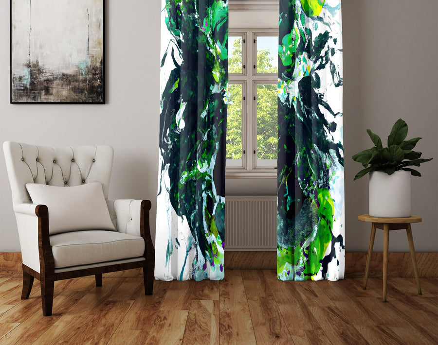 Abstract Window Curtain - Blue and Green Paint Splatter Pattern - Deja Blue Studios