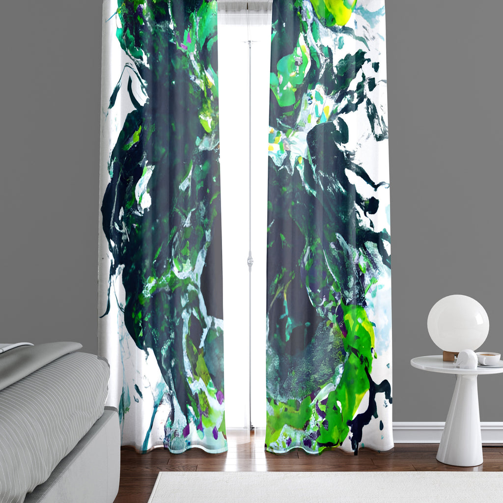 Abstract Window Curtain - Blue and Green Paint Splatter Pattern - Deja Blue Studios