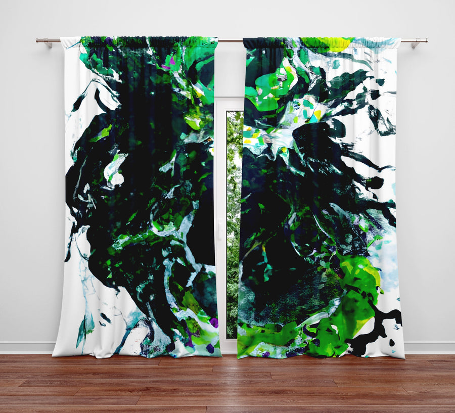 Abstract Window Curtain - Blue and Green Paint Splatter Pattern - Deja Blue Studios