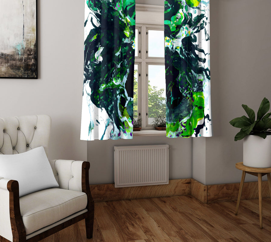 Abstract Window Curtain - Blue and Green Paint Splatter Pattern - Deja Blue Studios