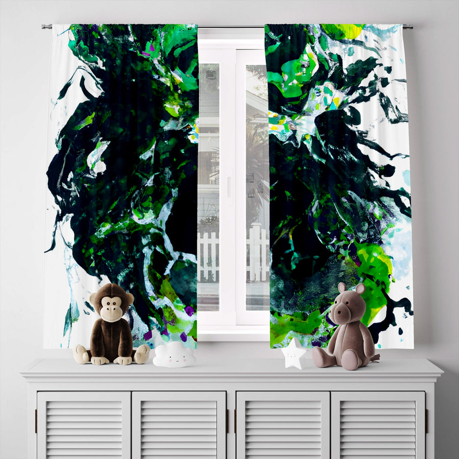 Abstract Window Curtain - Blue and Green Paint Splatter Pattern - Deja Blue Studios