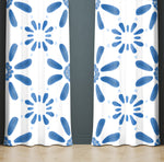 Floral Window Curtain - Blue Abstract Daisies on White Background - Deja Blue Studios