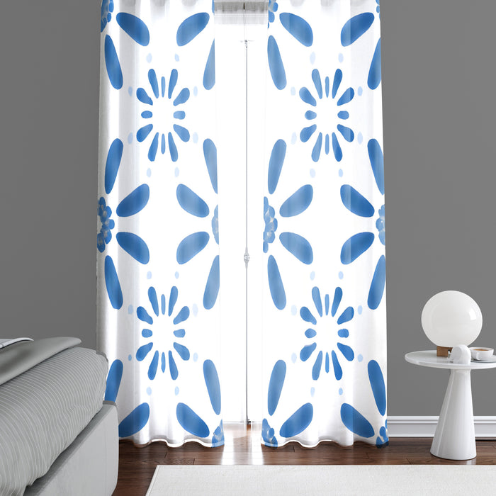 Floral Window Curtain - Blue Abstract Daisies on White Background - Deja Blue Studios