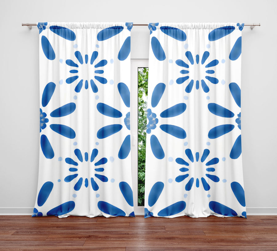 Floral Window Curtain - Blue Abstract Daisies on White Background - Deja Blue Studios