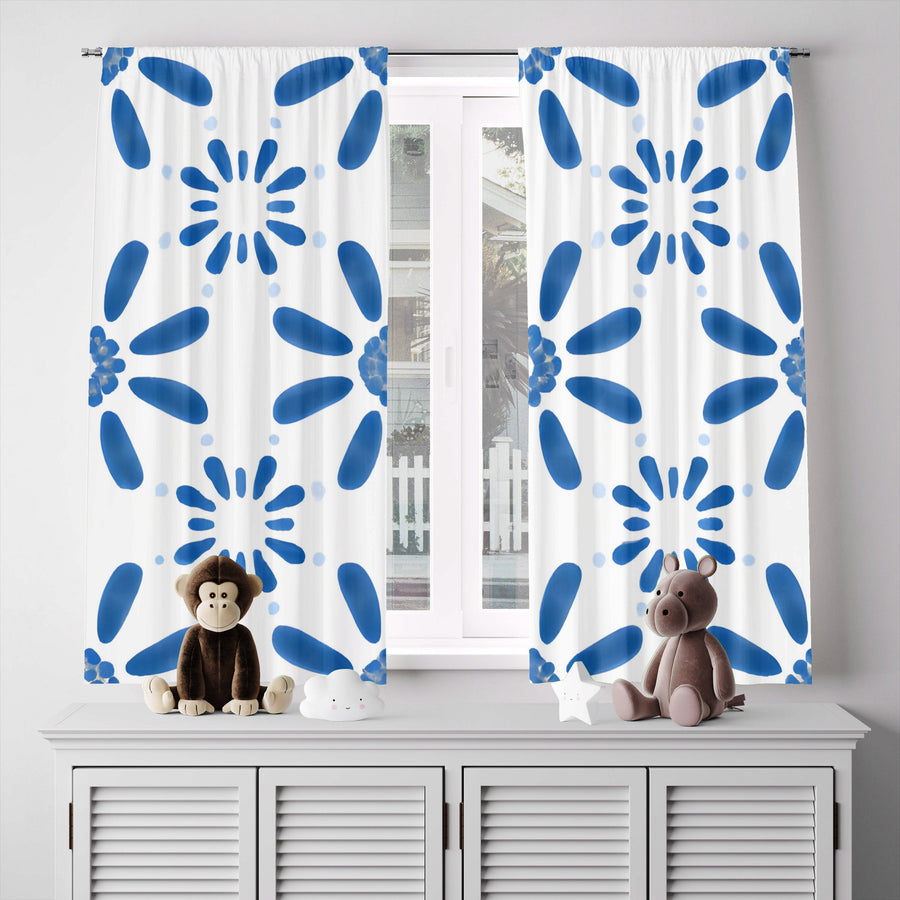 Floral Window Curtain - Blue Abstract Daisies on White Background - Deja Blue Studios