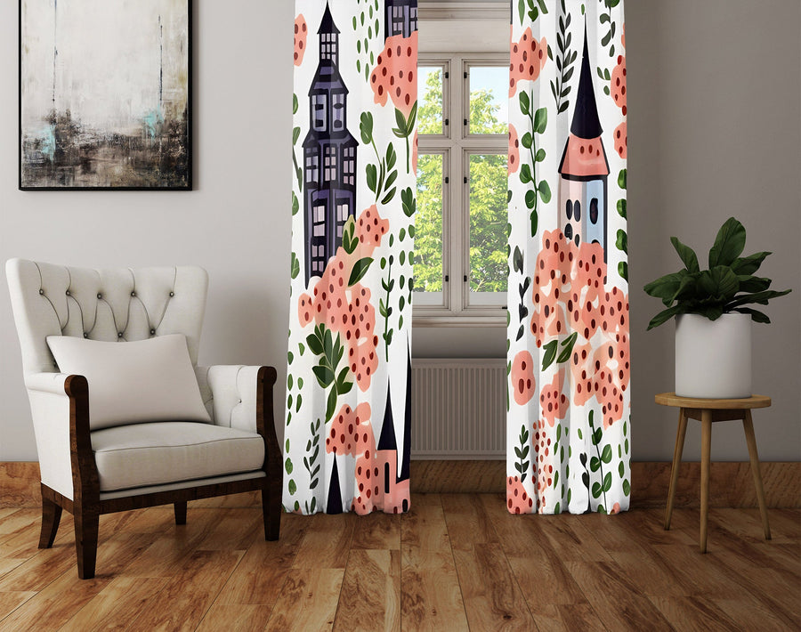 Floral Window Curtain - Watercolor Pink Floral Town Square - Deja Blue Studios