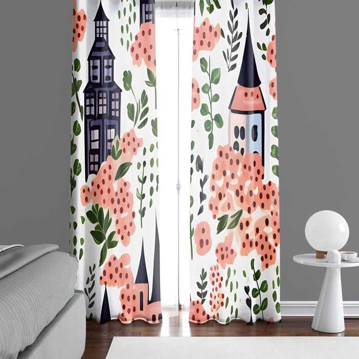 Floral Window Curtain - Watercolor Pink Floral Town Square - Deja Blue Studios