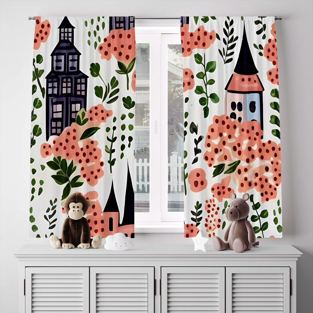 Floral Window Curtain - Watercolor Pink Floral Town Square - Deja Blue Studios
