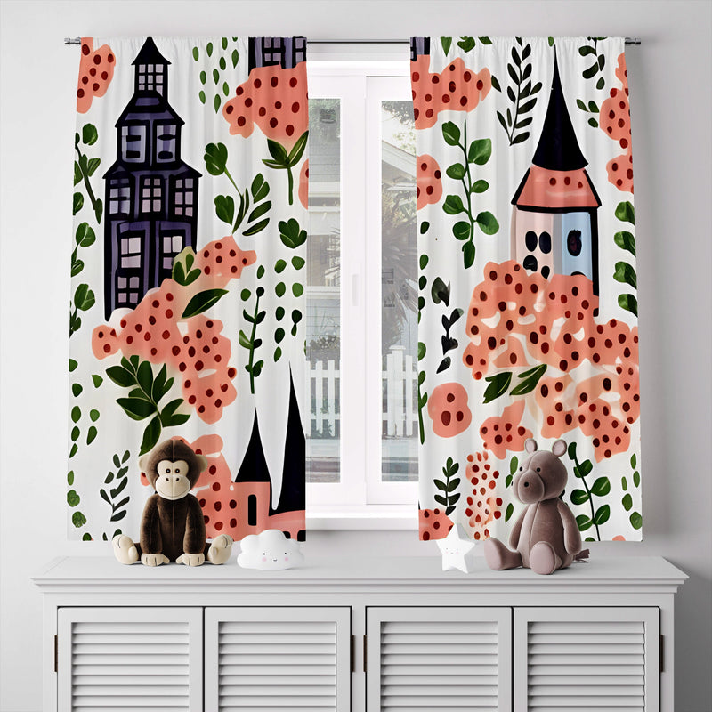 Floral Window Curtain - Watercolor Pink Floral Town Square - Deja Blue Studios