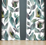 Floral Window Curtain - Watercolor Blue and Green Leaves - Deja Blue Studios