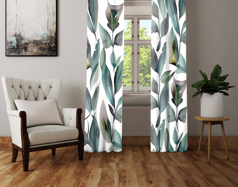Floral Window Curtain - Watercolor Blue and Green Leaves - Deja Blue Studios