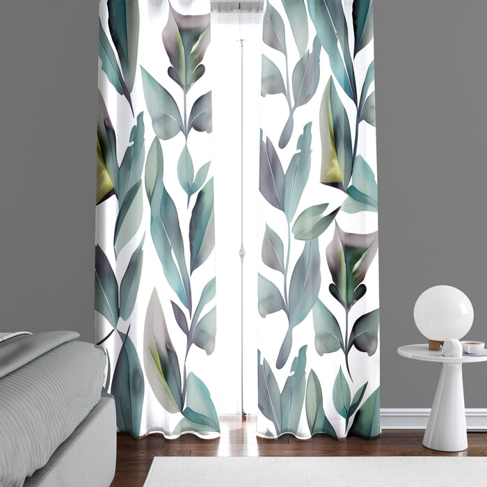 Floral Window Curtain - Watercolor Blue and Green Leaves - Deja Blue Studios