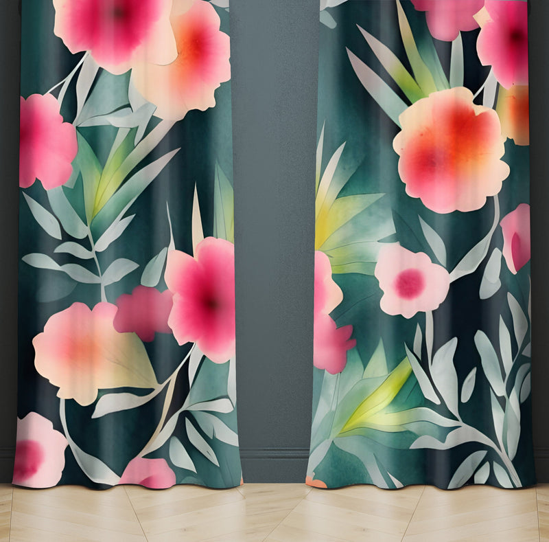 Floral Window Curtain - Watercolor Pink Peony on Green Leaves - Deja Blue Studios