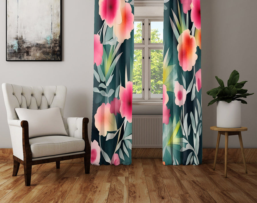 Floral Window Curtain - Watercolor Pink Peony on Green Leaves - Deja Blue Studios