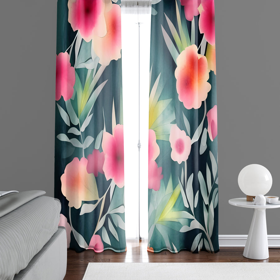 Floral Window Curtain - Watercolor Pink Peony on Green Leaves - Deja Blue Studios