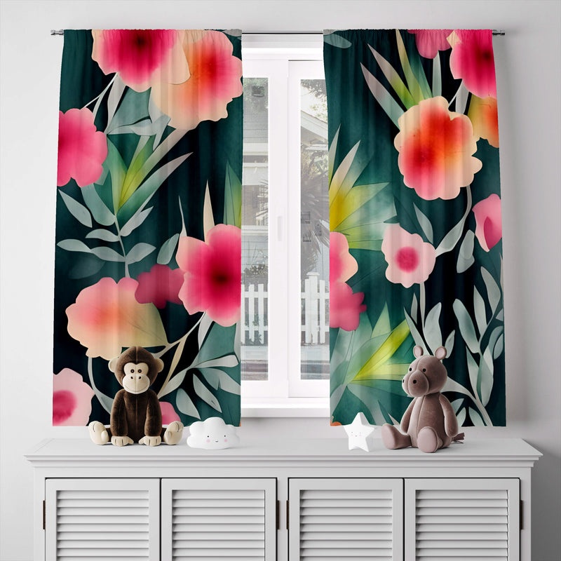 Floral Window Curtain - Watercolor Pink Peony on Green Leaves - Deja Blue Studios