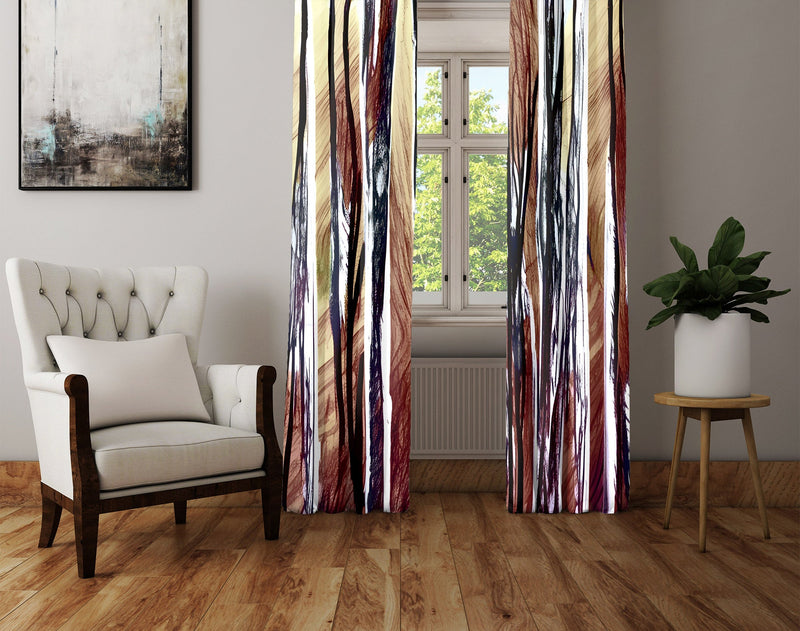 Striped Window Curtain - Abstract Brown and Red Tree Trunk Pattern - Deja Blue Studios