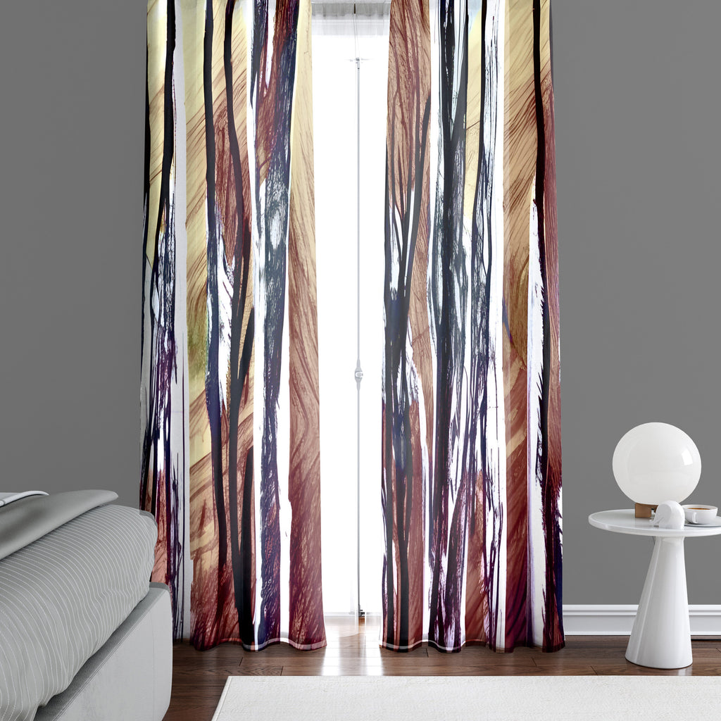 Striped Window Curtain - Abstract Brown and Red Tree Trunk Pattern - Deja Blue Studios