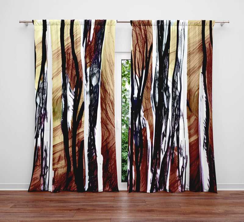 Striped Window Curtain - Abstract Brown and Red Tree Trunk Pattern - Deja Blue Studios