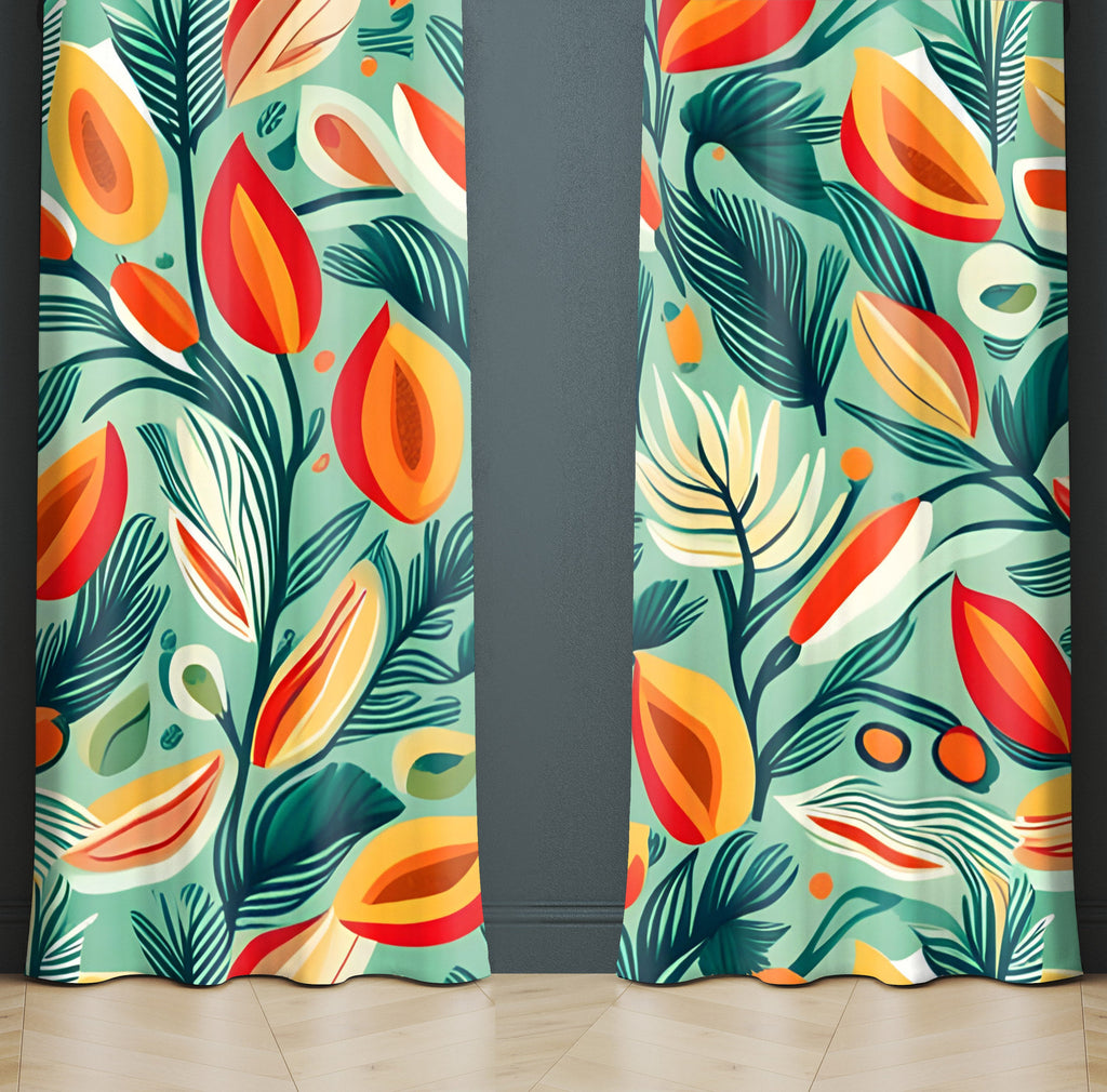 Floral Window Curtain - Peachy Trees and Fern Pattern - Deja Blue Studios